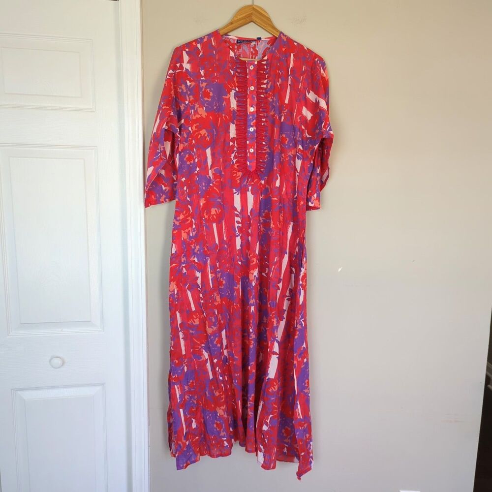 Ro's Garden Long Kurta Coral Petunia Midi Dress NWT Large 100% Cotton Floral